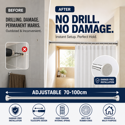 🧥50% OFF NOW! Adjustable No‑Drill Tension Rod, 70‑100cm Spring Tension Clothes Hanging Rod, No‑Damage Non‑Slip Closet Curtain Rod, Max 15KG Load for Wardrobe, Bathroom