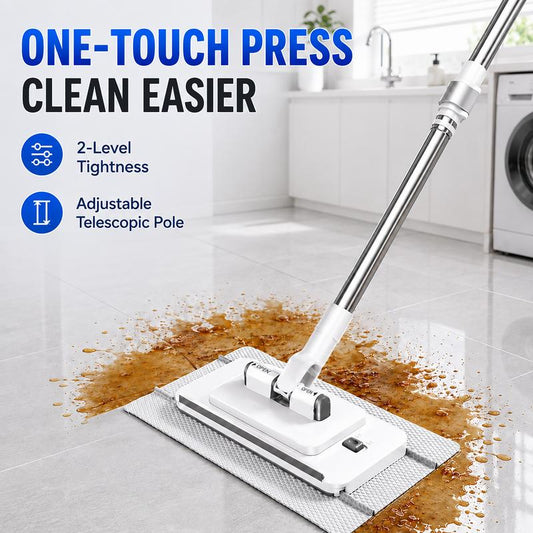 🧹50% OFF NOW! Auto-Clamp Flat Mop with Stainless Steel Extended Handle – One-Click Release Floor Mop, Works With Old Towels, Reusable Mop for Household Hard Surface Cleaning