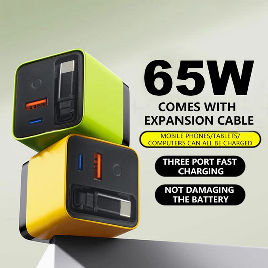 🔌50% OFF NOW! 65W Fast Charging Phone Charger Block with Retractable 80cm Type‑C Cable, 3‑Port Multi‑Device Wall Charger, Safe Fast Charge Adapter for Phones, Tablets & Laptops