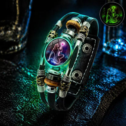🌌50% OFF NOW! Night‑Glow Zodiac Bracelet – Multi‑Layer Vintage Leather Constellation Wristband, Luminous 12 Horoscope Sign Bracelet Jewelry Gift for Men & Women