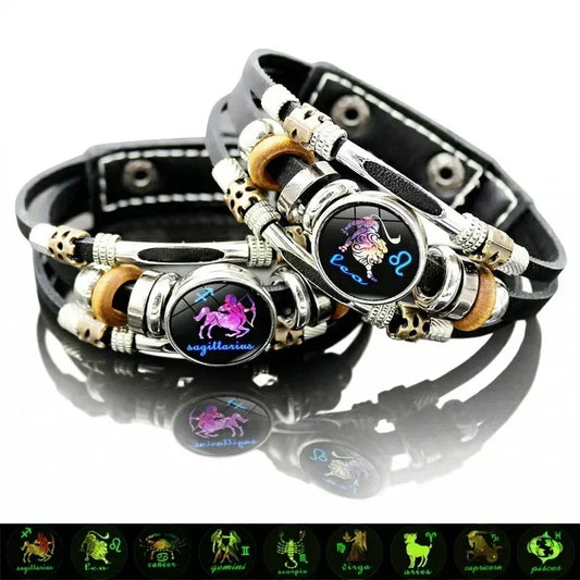 🌌50% OFF NOW! Night‑Glow Zodiac Bracelet – Multi‑Layer Vintage Leather Constellation Wristband, Luminous 12 Horoscope Sign Bracelet Jewelry Gift for Men & Women