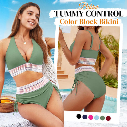 👙50% OFF NOW! High Waisted Tummy Control Color Block Bikini Sets – Halter Adjustable Straps Smocked Waist Ruched Side Drawstring Two Piece Swimsuit for Women Beach Pool Vacation