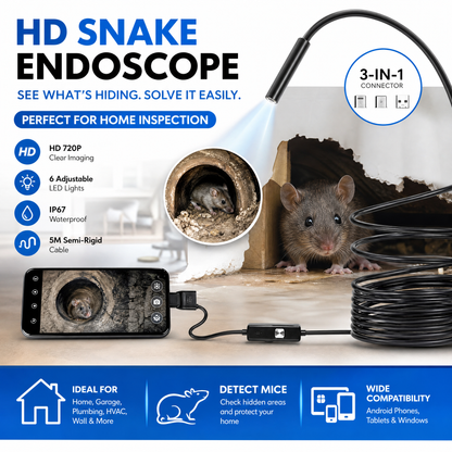 🔍50% OFF NOW! 3‑In‑1 HD Snake Endoscope Camera, IP67 Waterproof 720P Borescope with 5M Semi‑Rigid Cable & Adjustable LED Lights, Inspection Camera for Phone & Windows for Pipe Wall Physical Exploration