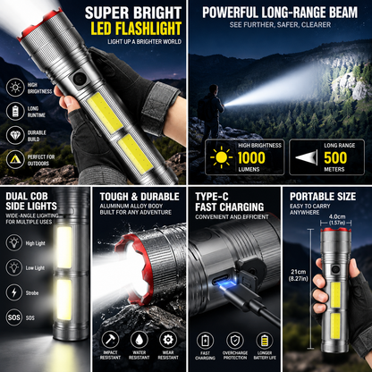 🔦50% OFF NOW! Portable Powerful Long Range Flashlight – USB Rechargeable LED Torch with Side COB Light, Waterproof Handheld Flash Light for Camping, Hiking, Emergency Use