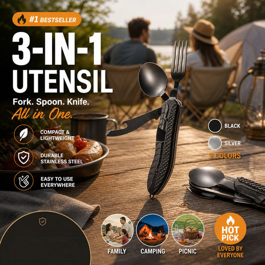 🏕️50% OFF NOW! 4‑In‑1 Outdoor Folding Multifunctional Tableware‑ Stainless Steel Portable Camping Cutlery Set, Fold‑Up Fork Spoon Knife Combo for Camping, Hiking & Picnic
