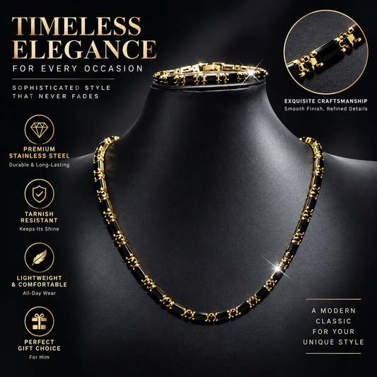 ✨50% OFF NOW! Sparkling Jewelry Set for Men – Gold Tone Black Crystal Necklace & Bracelet Set, Elegant Hip Hop Mens Jewelry for Party, Wedding & Daily Wear