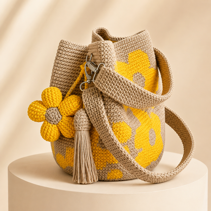 👜LAST DAY50% OFF! Hand Crochet Floral Bucket Crossbody Bag, Boho Handwoven Flower Pattern Shoulder Bag with Flower Tassel Charm for Summer Vacation Daily Outfit