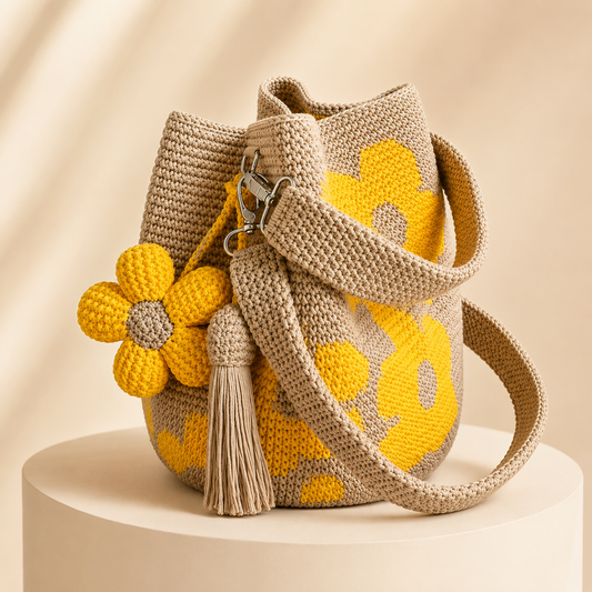 👜LAST DAY50% OFF! Hand Crochet Floral Bucket Crossbody Bag, Boho Handwoven Flower Pattern Shoulder Bag with Flower Tassel Charm for Summer Vacation Daily Outfit