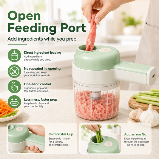 🥕50% OFF NOW! 4‑in‑1 Handheld Electric Food Chopper‑ USB Rechargeable Mini Blender with Open Feeding Port, Portable Wireless Processor for Vegetables, Meat & Garlic