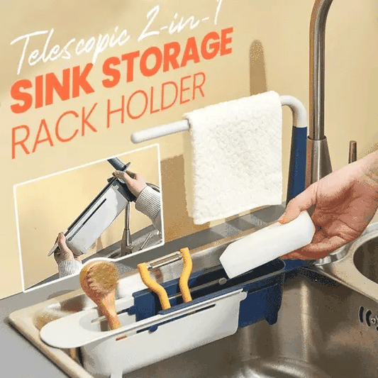 🧽50% OFF NOW! Updated Telescopic Sink Storage Rack, 2‑In‑1 Expandable Kitchen Sink Caddy Holder with Towel Bar, Adjustable Sink Organizer for Sponges, Brushes & Kitchen Utensils