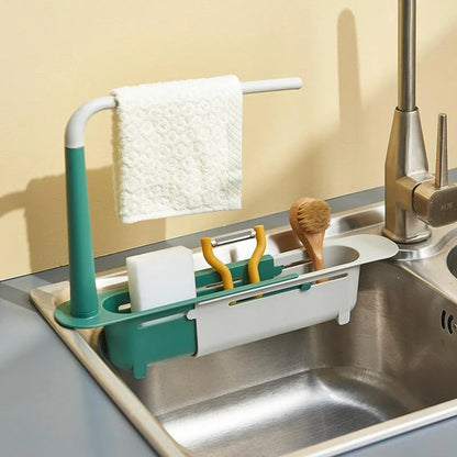 🧽50% OFF NOW! Updated Telescopic Sink Storage Rack, 2‑In‑1 Expandable Kitchen Sink Caddy Holder with Towel Bar, Adjustable Sink Organizer for Sponges, Brushes & Kitchen Utensils