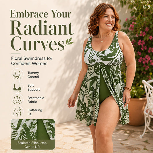 👙 LIMITED-TIME 50% OFF! Women's Leaf Floral Print One Piece Swim Dress, Tummy Control Plus Size Swimming Costume
