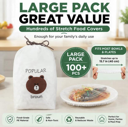 🍽️50% OFF NOW! 200‑Pack Disposable Clear Elastic Food Covers‑ Stretch Reusable‑Look Bowl Lids, Universal Elastic Plastic Food Wraps for Leftovers, Fruit & Kitchen Storage