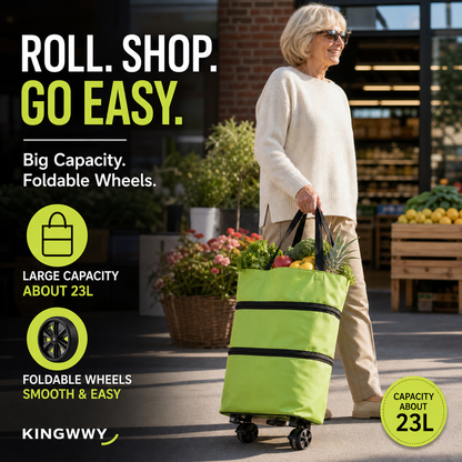 🛒50% OFF LIMITED TIME! ✨2-in-1 Foldable Wheeled Shopping Bag, 23L Large Capacity Portable Grocery Tote Cart with Retractable Smooth Rolling Wheels
