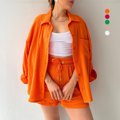 🔥Long Sleeve Solid Color Shirt Shorts Set