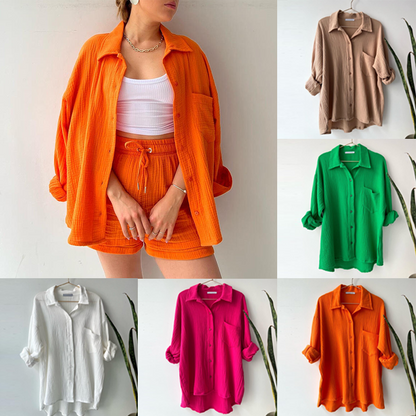 🔥Long Sleeve Solid Color Shirt Shorts Set