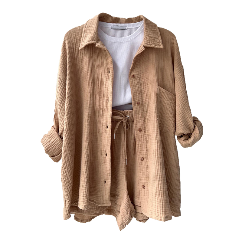 🔥Long Sleeve Solid Color Shirt Shorts Set