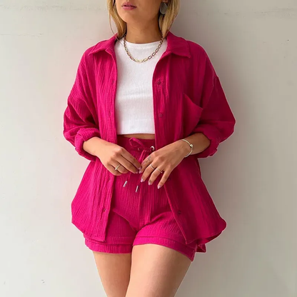 🔥Long Sleeve Solid Color Shirt Shorts Set