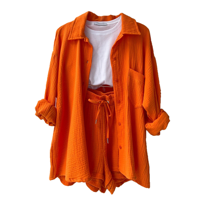🔥Long Sleeve Solid Color Shirt Shorts Set