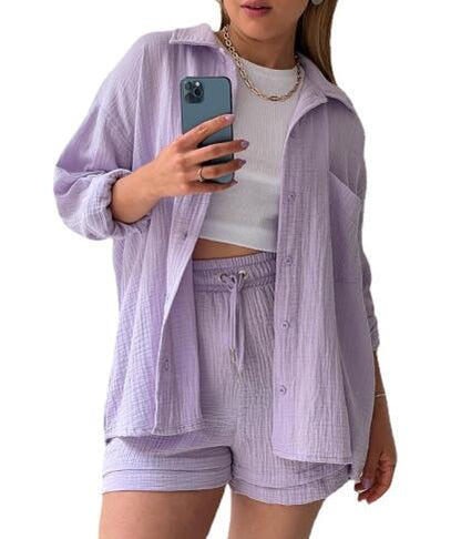 🔥Long Sleeve Solid Color Shirt Shorts Set