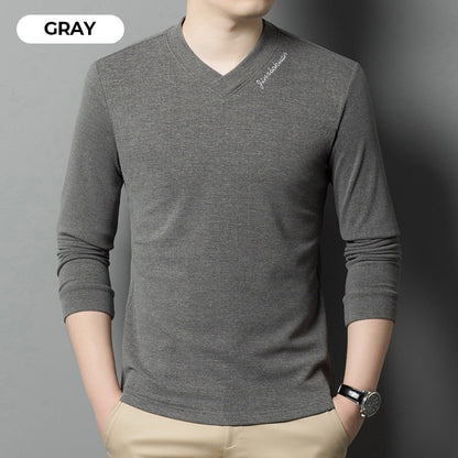 Men's V-Neck Solid Color Long Sleeve T-Shirt