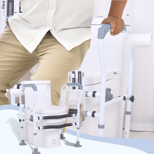 🚽50% OFF NOW! Toilet Safety Rails for Seniors‑ Height Adjustable Bathroom Toilet Assist Frame, Anti‑Slip Support Grab Bar with Paper Holder, Stability Handrail for Elderly, Disabled & Pregnant People