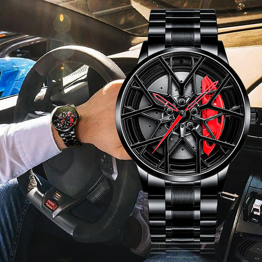 Men's Waterproof Stainless Steel Watch with Car Wheel Rim Hub Design
