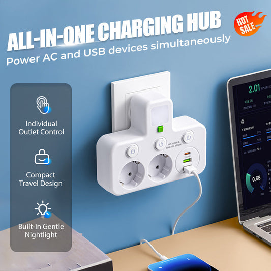 🔌50% OFF NOW! EU Plug Wall Power Strip Adapter – Multi Socket Charging Hub with USB & QC Fast Charging Port, Independent Switches + Built-In Night Light, No-Cord Outlet Extender