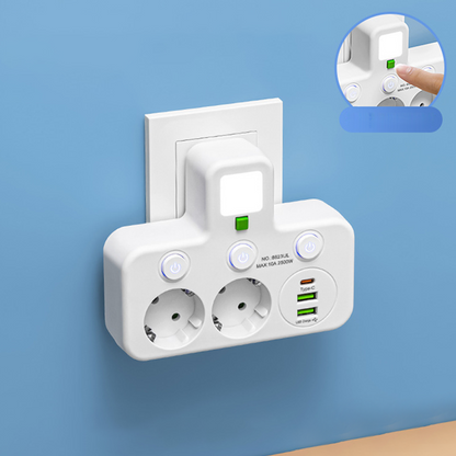🔌50% OFF NOW! EU Plug Wall Power Strip Adapter – Multi Socket Charging Hub with USB & QC Fast Charging Port, Independent Switches + Built-In Night Light, No-Cord Outlet Extender