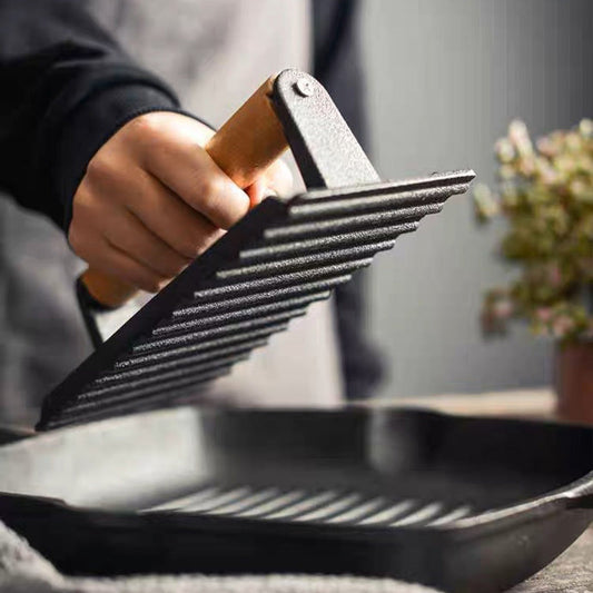 🍔50% OFF NOW! Cast Iron Steak & Burger Press‑Ridged Grill Press with Foldable Wood Handle, Heavy‑Duty Meat Smasher for BBQ Griddle Cooking