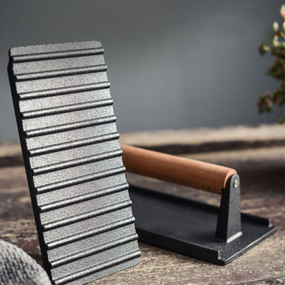 🍔50% OFF NOW! Cast Iron Steak & Burger Press‑Ridged Grill Press with Foldable Wood Handle, Heavy‑Duty Meat Smasher for BBQ Griddle Cooking