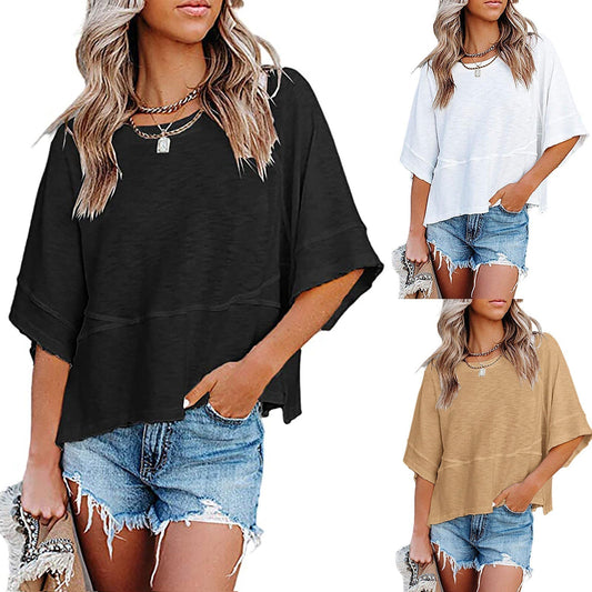 👚50% OFF HOT SALE 54000+ Sold! Women Solid Color Spliced Loose Crop T-Shirt, Flare 3/5 Bell Sleeve Breathable Casual Summer Tee Top
