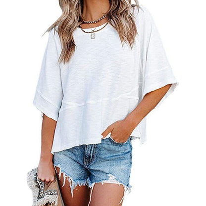 👚50% OFF HOT SALE 54000+ Sold! Women Solid Color Spliced Loose Crop T-Shirt, Flare 3/5 Bell Sleeve Breathable Casual Summer Tee Top