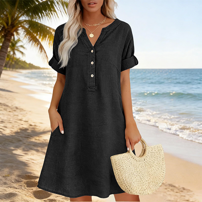 👗 LIMITED-TIME 50% OFF! ✨Women Short Sleeve V-Neck Linen Blend Tunic Midi Dress, Loose Relaxed Fit with Side Pockets Breathable Beach Casual Dress 💕
