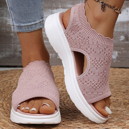 👡LAST DAY SALE £14.77! ✨Women Breathable Hollow Knit Platform Slide Sandals, Soft Cushioned Open Toe Slip-On Summer Wedge Sandals
