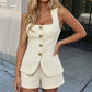 👖50% OFF NOW! Women Elegant Square Neck Sleeveless Vest & Shorts 2 Piece Outfit Set – Gold Button Decor, Pocket Detail, Soft Breathable Fabric, Casual Chic Summer Resort Suit