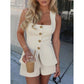 👖50% OFF NOW! Women Elegant Square Neck Sleeveless Vest & Shorts 2 Piece Outfit Set – Gold Button Decor, Pocket Detail, Soft Breathable Fabric, Casual Chic Summer Resort Suit