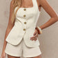 👖50% OFF NOW! Women Elegant Square Neck Sleeveless Vest & Shorts 2 Piece Outfit Set – Gold Button Decor, Pocket Detail, Soft Breathable Fabric, Casual Chic Summer Resort Suit