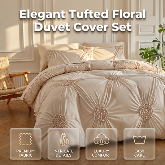🛏️2026 HOT SALE 35000+ Sold 50% OFF! Elegant Tufted Floral Pinch Pleat Duvet Cover Set, Premium Soft Breathable Bedding Set, Stylish Cozy Bedroom Decor with Pillowcases