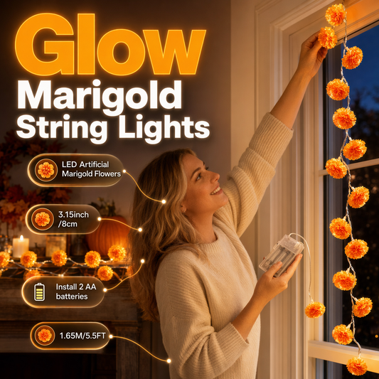 🌼LAST DAY SPECIAL £9.99! 🎃Artificial Marigold Flower LED String Lights – Waterproof 8 Lighting Modes, 20 LEDs Battery Powered, Decor for Halloween, Day Of The Dead Altar, Porch & Indoor Festival Decor