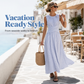 👗LIMITED-TIME 50% OFF! Women Sleeveless Striped Waist Defining Maxi Dress, Crisscross Wrap Waist Flowy Long Dress for Beach Vacation Daily Casual