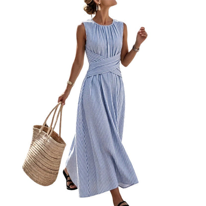 👗LIMITED-TIME 50% OFF! Women Sleeveless Striped Waist Defining Maxi Dress, Crisscross Wrap Waist Flowy Long Dress for Beach Vacation Daily Casual