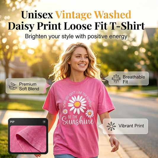 👚Limited-Time 50% OFF! 🌼Unisex Vintage Washed Daisy Print Loose Fit T-Shirt, Soft Breathable Casual Short Sleeve Tee with Positive Sunshine Slogan