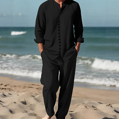 👔50% OFF NOW! Men Minimalist 2-Piece Casual Outfit Set – Stand Collar Button Shirt & Relaxed Drawstring Trousers, Breathable Fabric, Resort & Daily Wear Suit