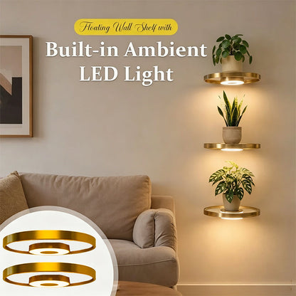💡50% OFF NOW! Floating Wall Shelf with Built‑in Ambient LED Light‑Golden Round Wall Mounted Display Shelf, Decorative Plant Holder for Living Room Bedroom Home Decor