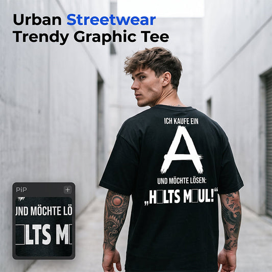 👕50% OFF NOW! Men Urban Streetwear Graphic T-Shirt – Oversized Loose Fit, German Letter Back Print, Breathable Casual Short Sleeve Tee For Daily & Street Style