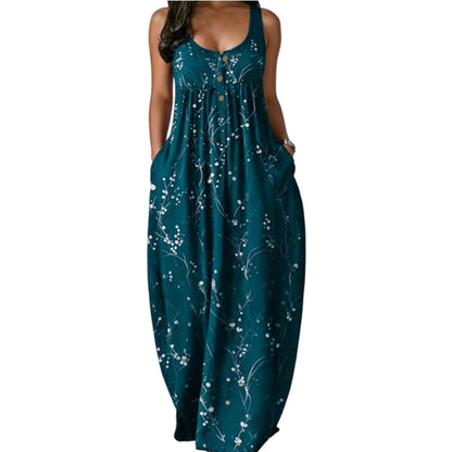 👗50% OFF NOW! Women's Sleeveless Floral Maxi Dress – Relaxed Loose Fit, Button Detail, Side Pockets, Premium Fabric, Casual Holiday Daily Long Dress