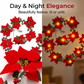 🎄50% OFF NOW! Christmas Poinsettia Flower String Lights, Velvet Petal Artificial Poinsettia Garland with Warm LED Glow, Battery‑Powered Xmas Decorative Lights for Indoor Holiday Home Party Decoration