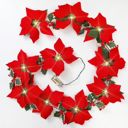 🎄50% OFF NOW! Christmas Poinsettia Flower String Lights, Velvet Petal Artificial Poinsettia Garland with Warm LED Glow, Battery‑Powered Xmas Decorative Lights for Indoor Holiday Home Party Decoration
