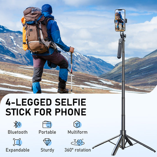 📸50% OFF NOW! 4-Leg Selfie Stick Tripod for Phone – All-in-One Extendable Selfie Stick & Tripod Stand, 360° Rotation with Bluetooth Remote, Portable Cell Phone Holder for Travel, Vlogging & Outdoor Shooting
